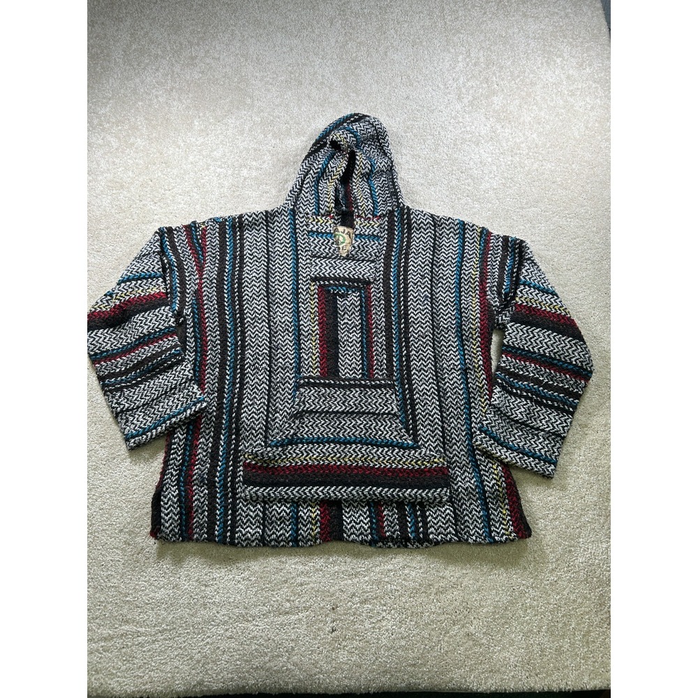 Baja Joe Hoodie Pullover Mens Medium‎ Striped Mexican Drug Rug Kangaroo Pocket